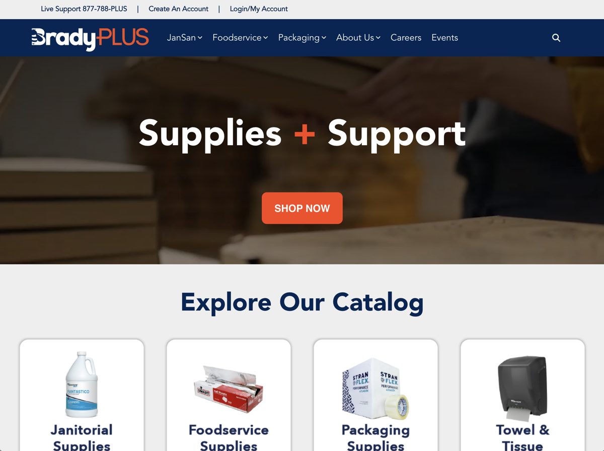 BradyPLUS website home page with Supplies + Support hero and product catalog