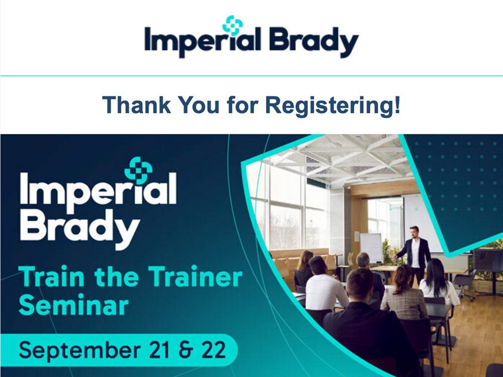 Imperial Brady Train the Trainer Seminar registration email with teal banner